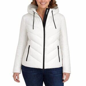DKNY Women's L Hooded Quilted Jacket With Black Zipper Pockets Ivory i1712